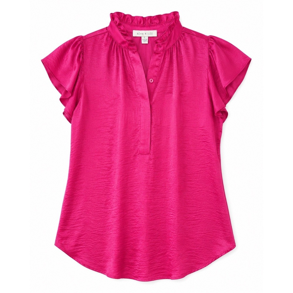 Alex & Lili Blouse L Fuchsia Ruffle Satin Barbiecore Top Quiet Luxury Career